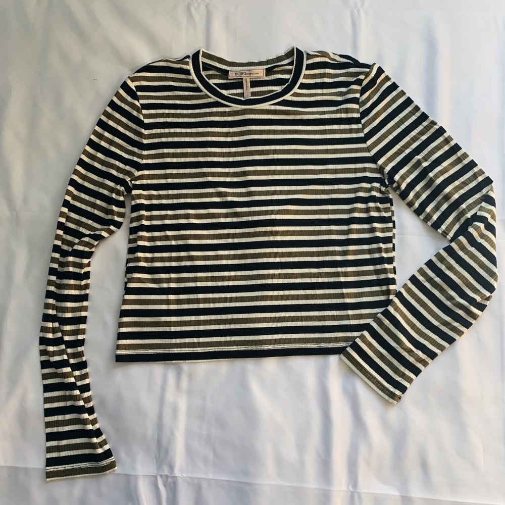 BCBG Striped Sweater Top in Olive and Navy